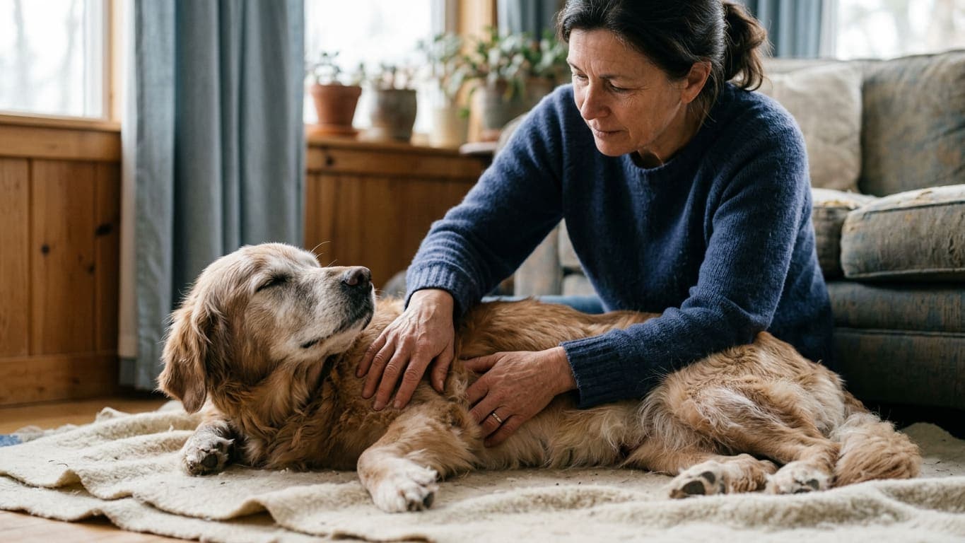 A woman kneeling on the floor, gently checking an older golden retriever's body with her hands