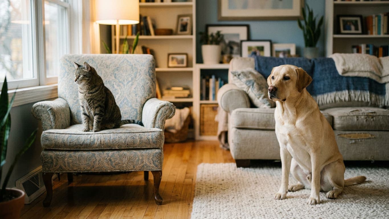 A cat on an armchair and a labrador sitting apart on the floor of the same room