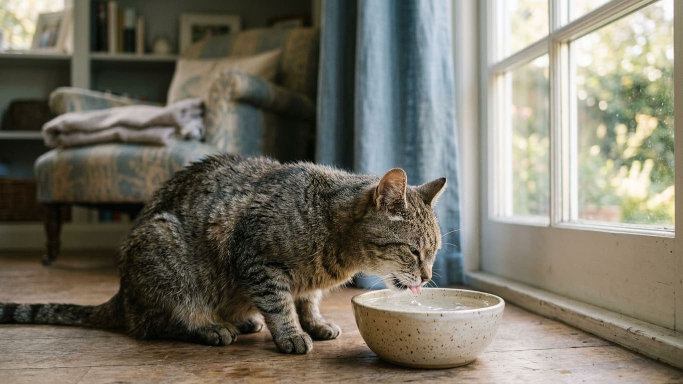 A senior cat drinking from a water bowl beside a window