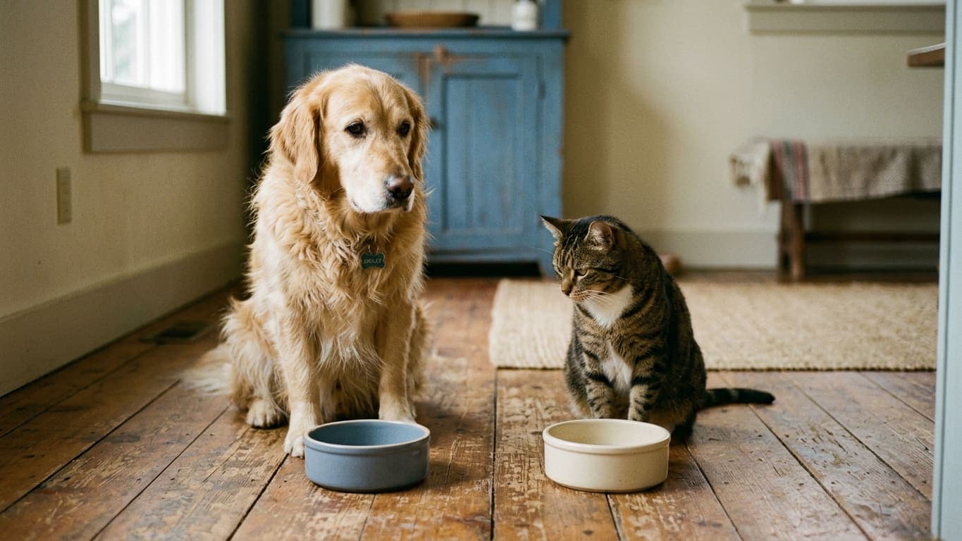 A golden retriever and a tabby cat sitting beside two empty feeding bowls on a wooden floor
