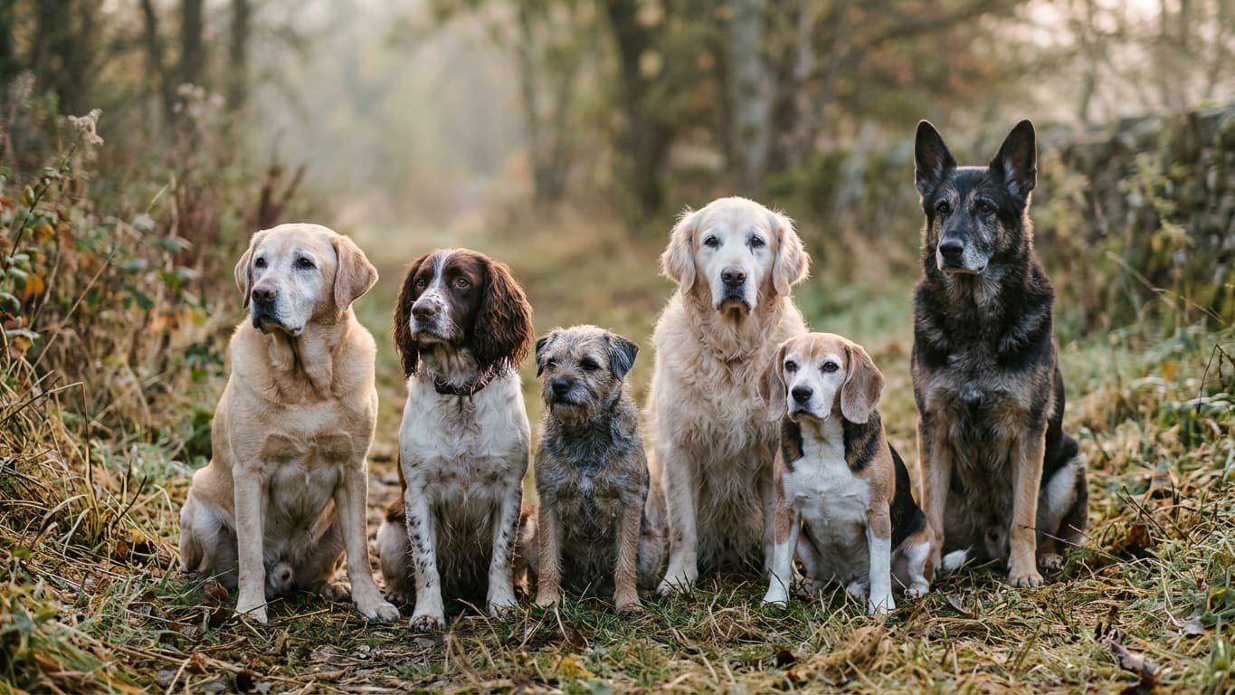 Six dogs of different breeds and sizes sitting together outdoors in morning light