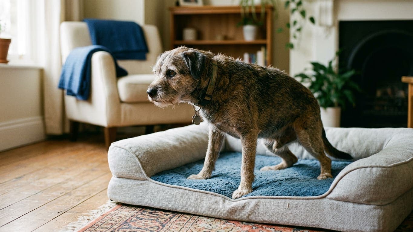 An older terrier standing stiffly on an orthopaedic bed in a sunlit living room