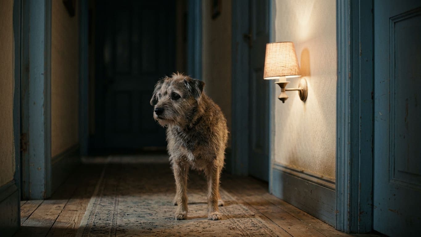 An old terrier standing alone and disoriented in a dim hallway at night