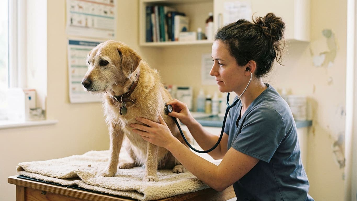A veterinarian listening to an older dog's chest with a stethoscope during an examination