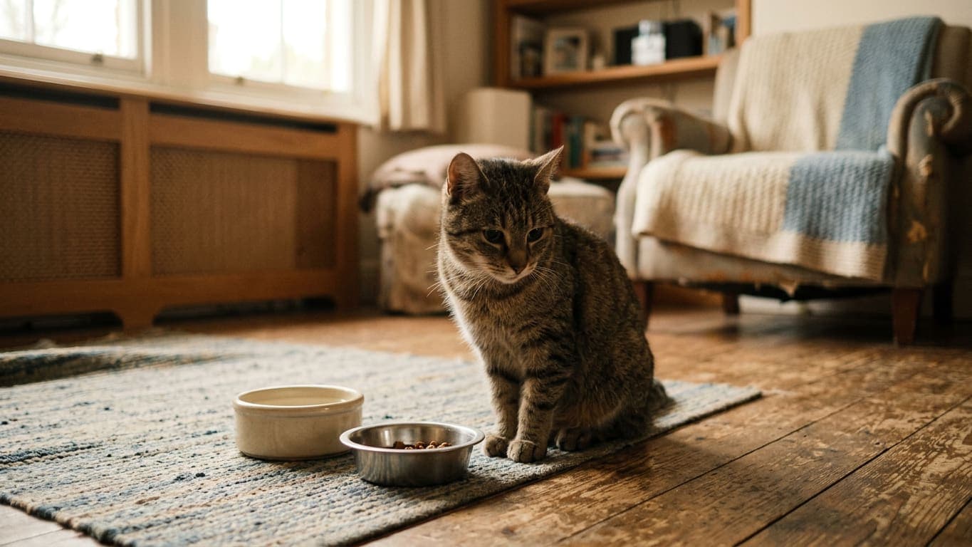 A cat sitting hesitantly beside two food bowls it has not touched