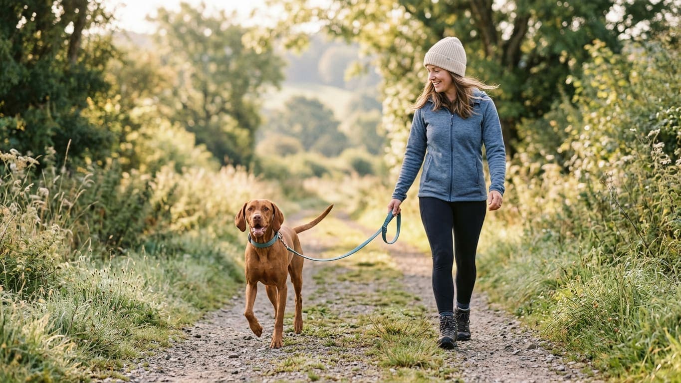 A woman walking a lean, healthy dog along a countryside path in morning light