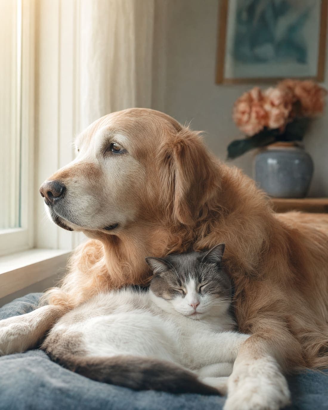 An older golden retriever resting by a sunlit window with a grey cat asleep against its chest