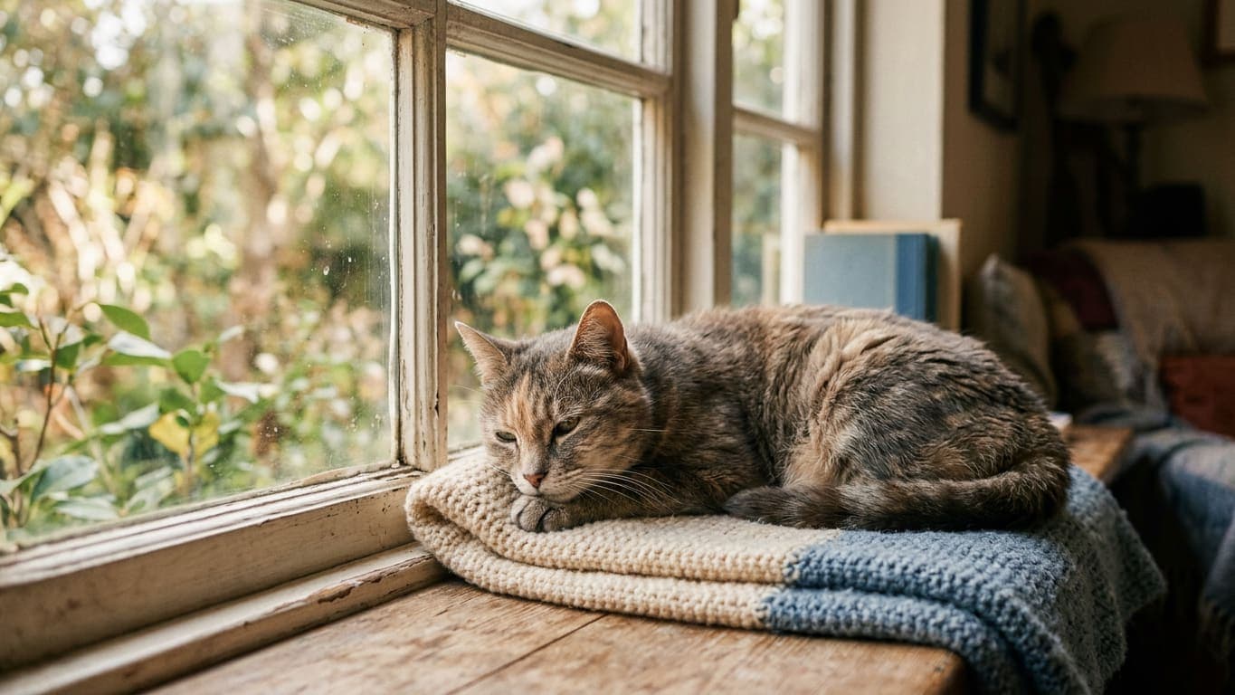 A senior cat resting on a windowsill in afternoon light, looking outside
