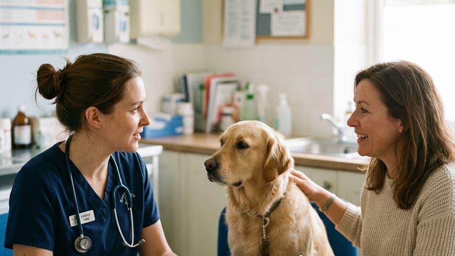 A veterinarian and a dog owner talking across a consulting room table, a golden retriever sitting calmly between them