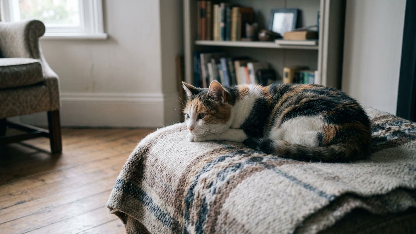 A senior calico cat resting on a folded blanket beside a living-room window