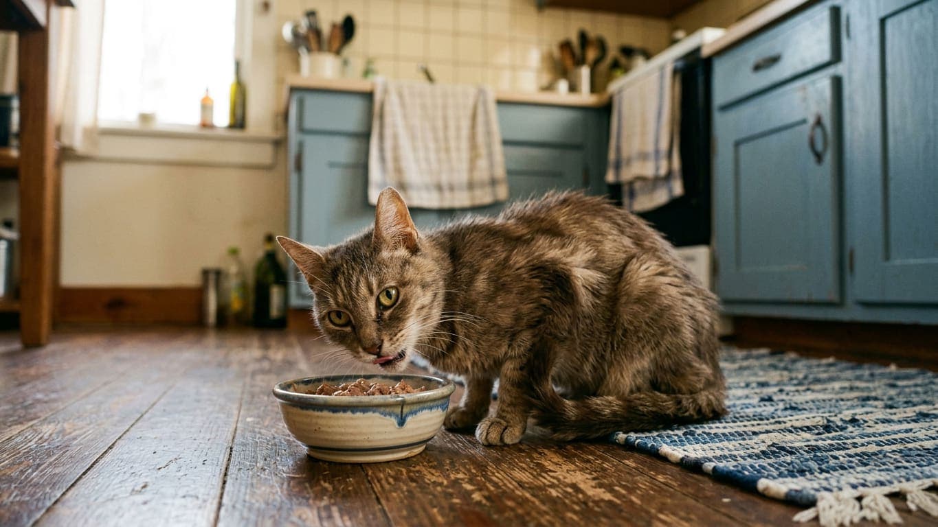A thin older cat eating from a bowl on a kitchen floor