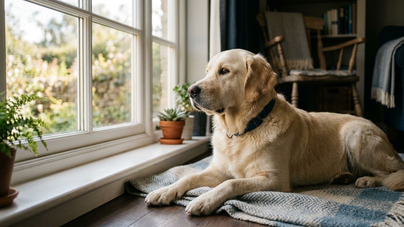 A healthy golden retriever lying alert beside a large sunlit window