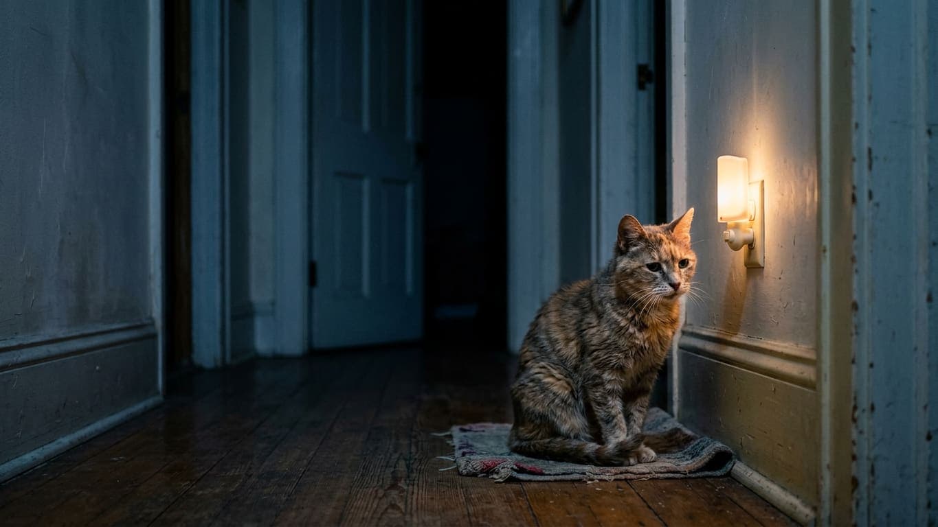 An elderly cat sitting alone in a dark hallway at night beside a small wall light