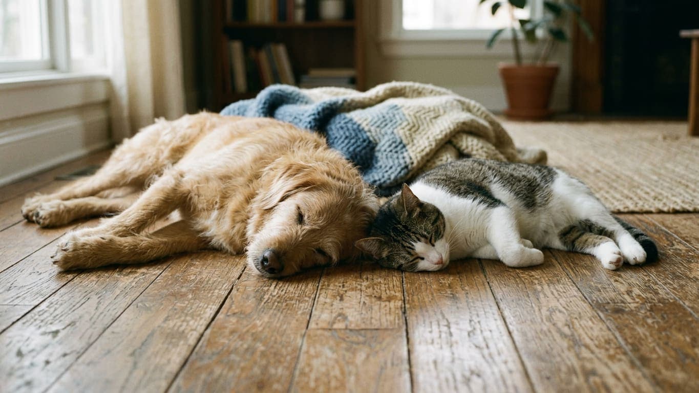 A dog and a cat lying peacefully side by side on a wooden floor