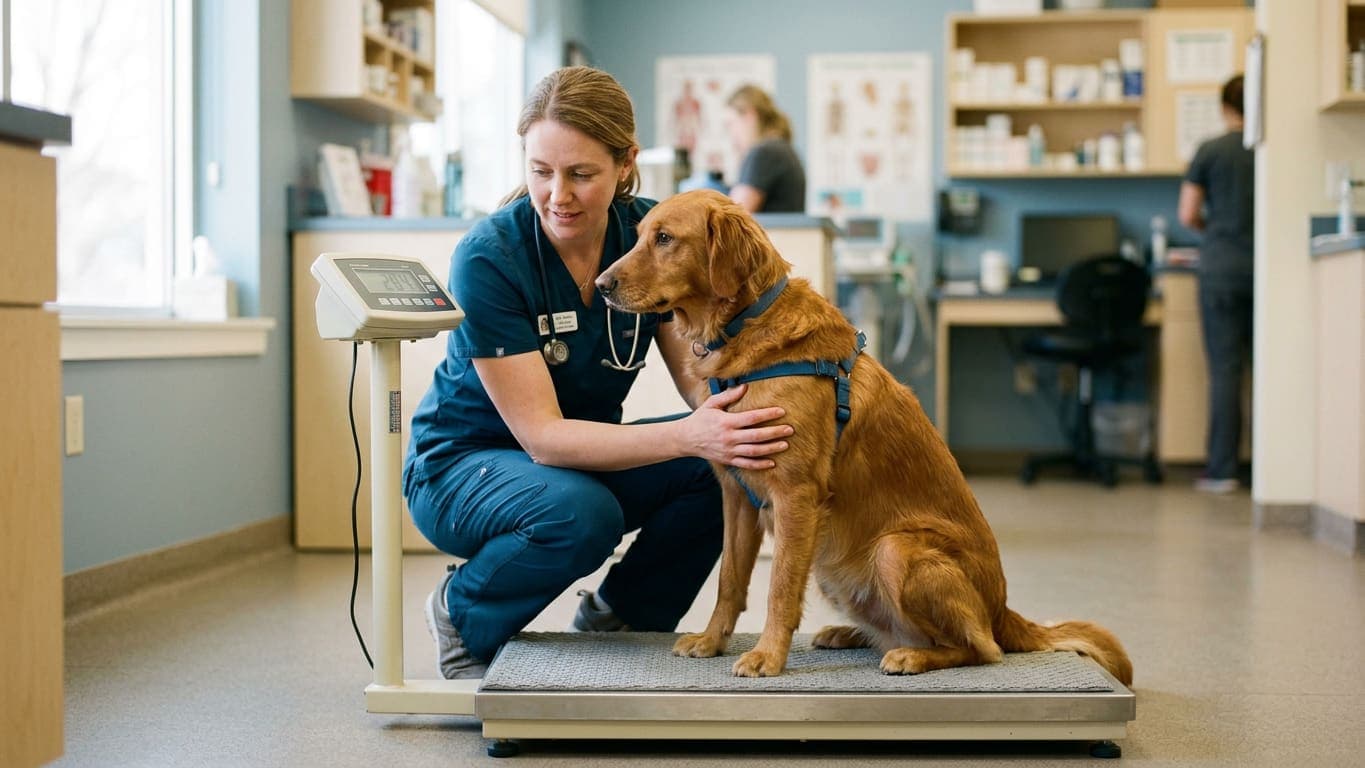A veterinarian weighing a golden retriever on a clinic floor scale