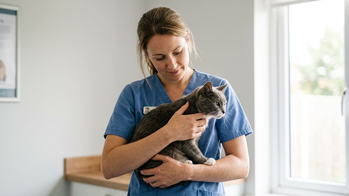 A veterinarian in scrubs holding a grey cat gently against her shoulder