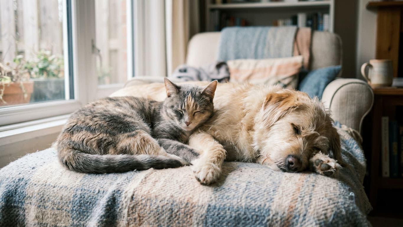 A cat and a shaggy dog resting together on a blanket in warm afternoon light