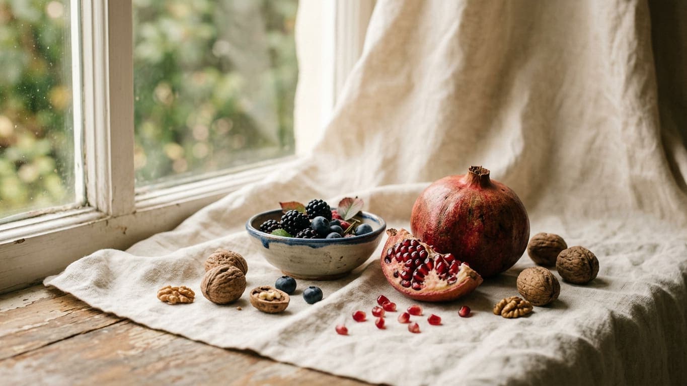 A pomegranate, walnuts and berries arranged on linen beside a window
