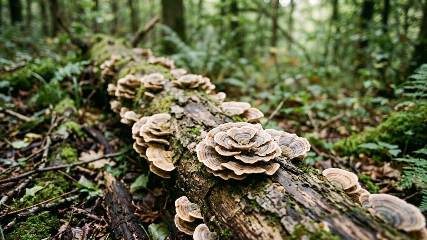 Turkey tail mushrooms growing in layered fans along a mossy fallen log