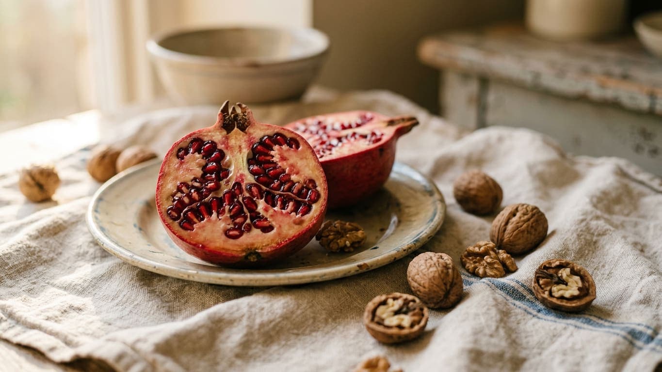 A halved pomegranate and scattered walnuts on a pale linen cloth