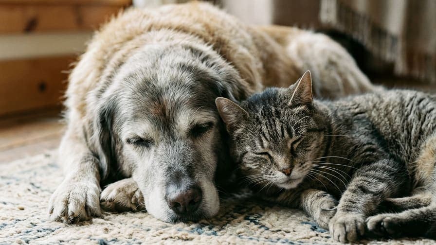 An old dog with a greying muzzle and a tabby cat sleeping side by side on a rug