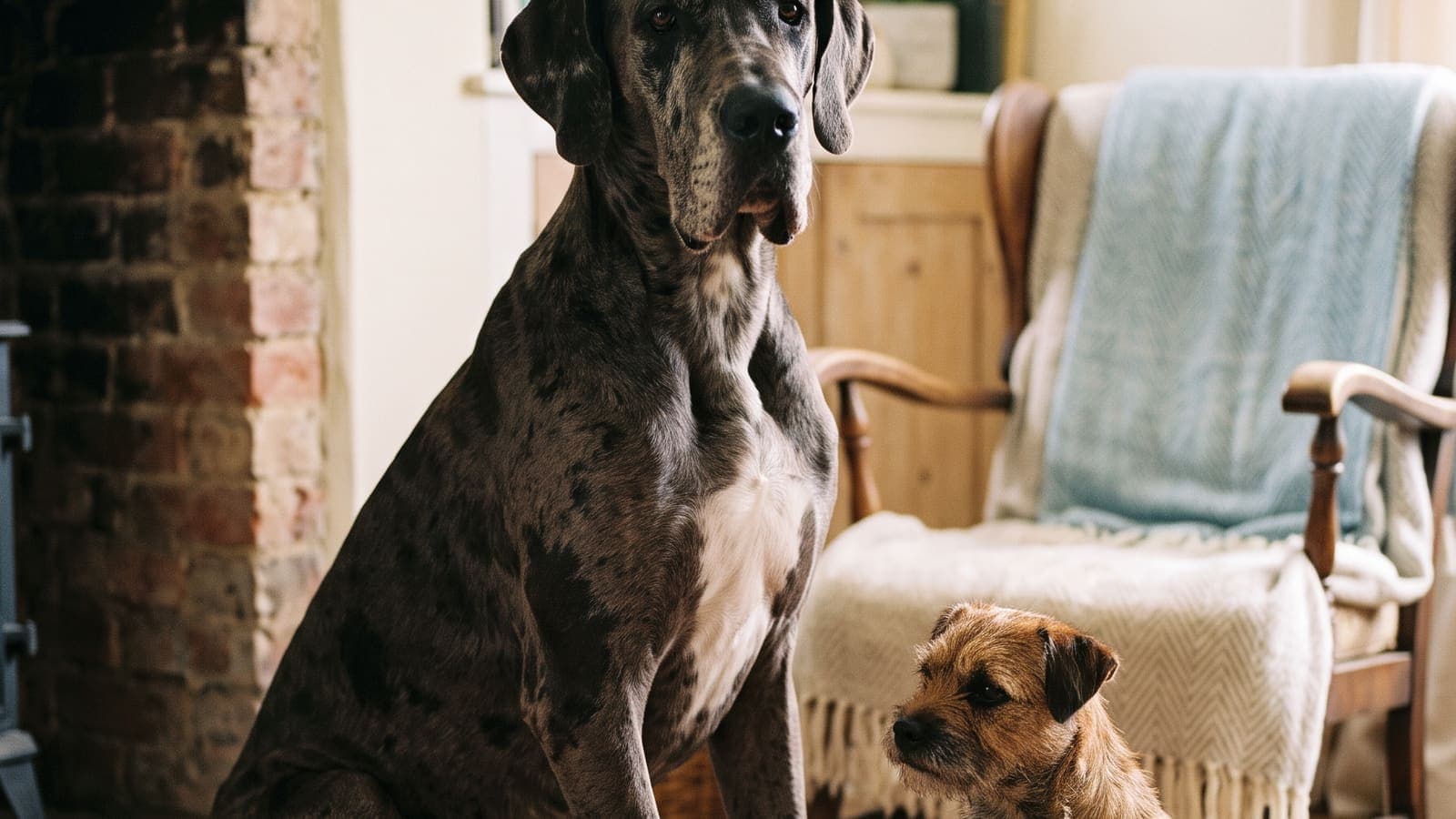A Great Dane sitting beside a small border terrier, the size difference between them clear